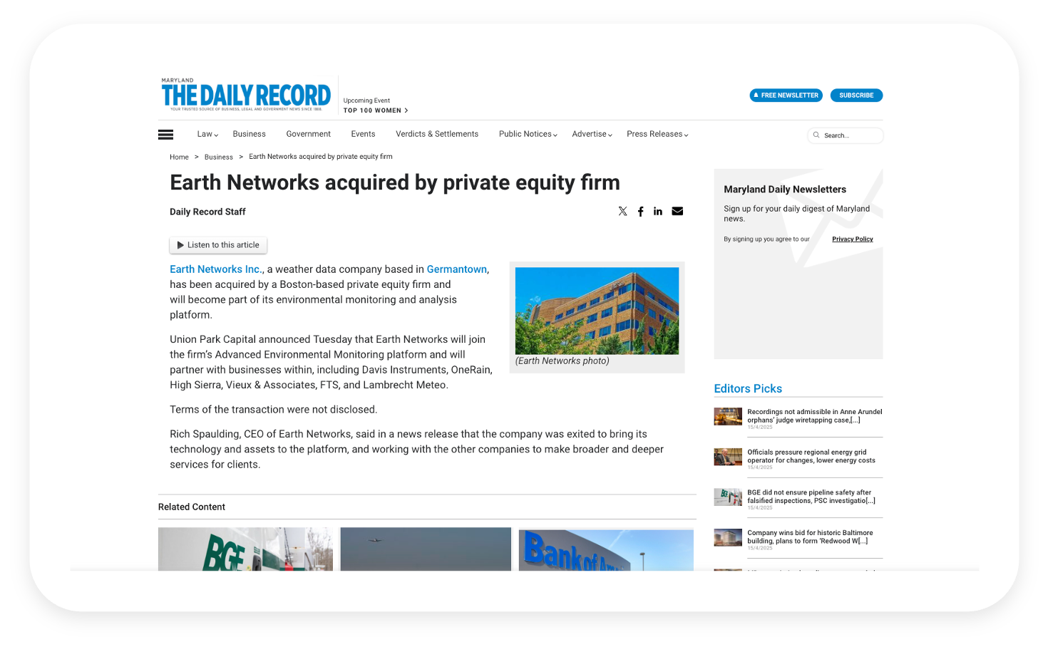 Earth Networks Outcome