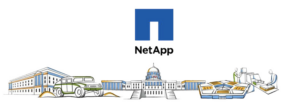 NetApp's logo, featuring specific details relating to Government contracts, such as Capitol Hill, the Pentagon, and other government buildings.