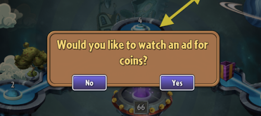 A screenshot of a video game asking the user if they would like to watch an ad in exchange for in-game currency.