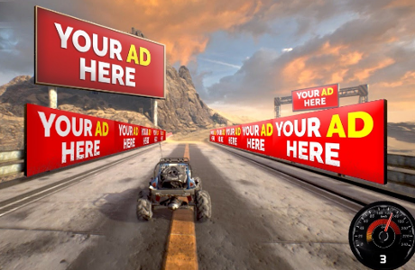 A screenshot of a racing video game showing in-game billboards available to showcase advertisements.