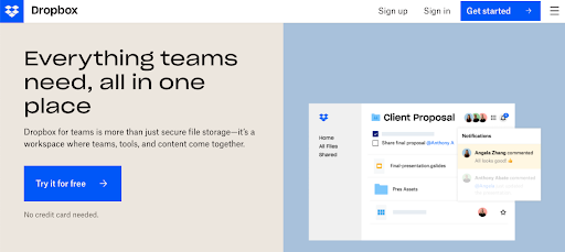 The homepage of dropbox.com